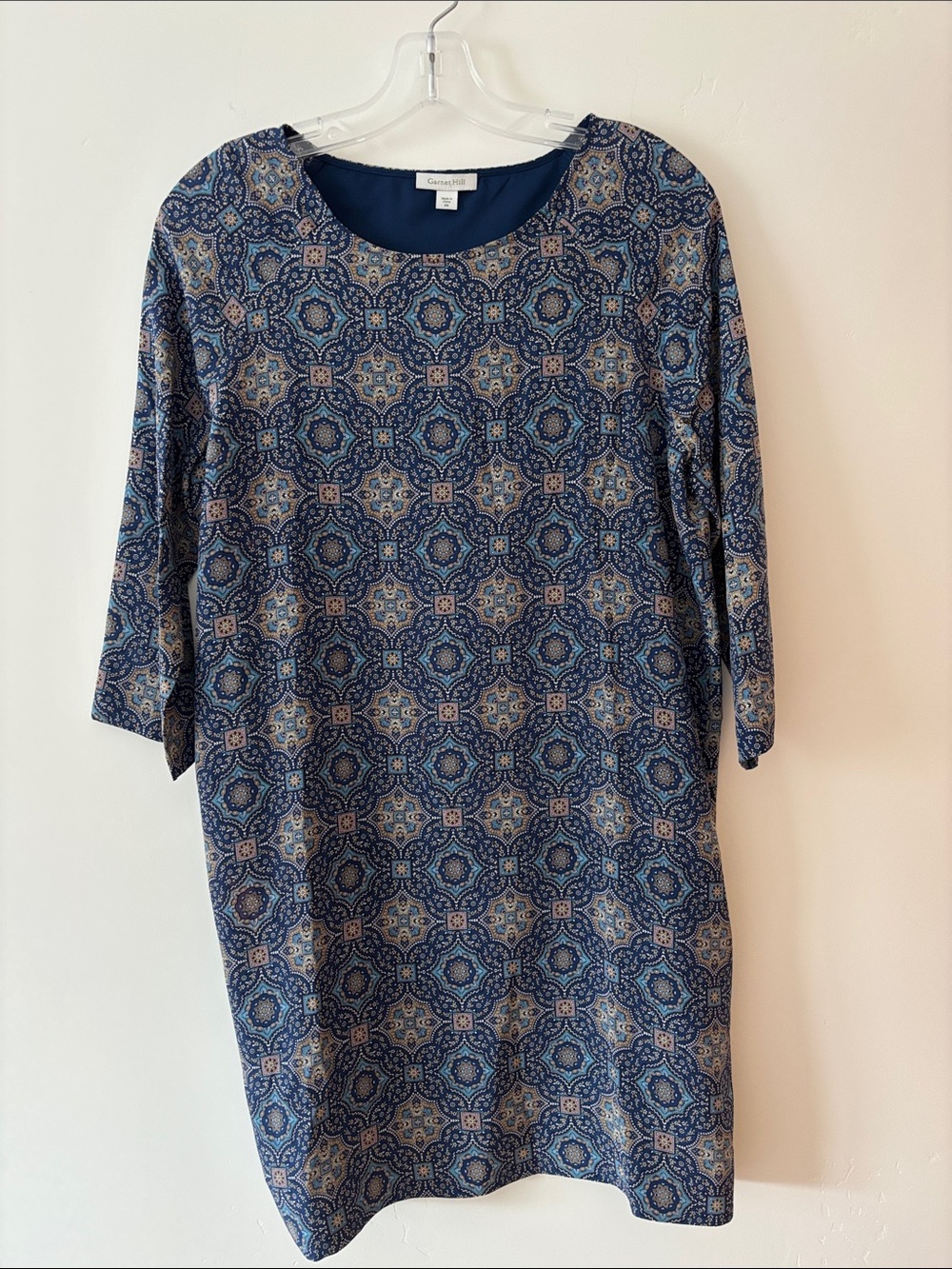 Garnet Hill Silk Navy and Light Blue Medallion Shift Dress